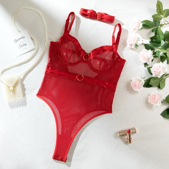 Red Fishnet Choker Bodysuit - Picture 8 of 16